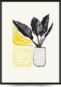 plakat med gul abstrakte former og plante