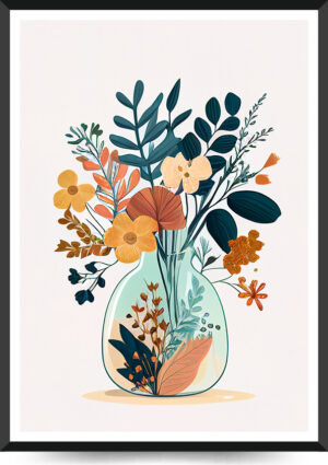 plakat med vase og grafiske blomster